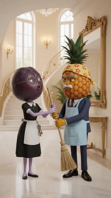 The disguised pineapple patriarch accepts a broom from the plum housekeeper.