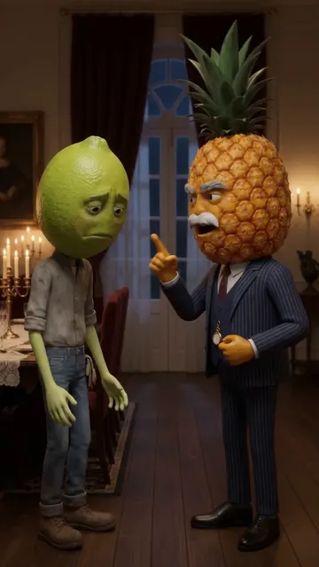 The pineapple patriarch questions his worried lime son in a candlelit room.