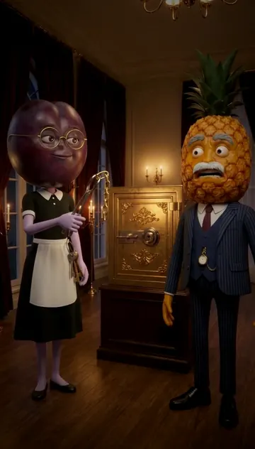 The plum housekeeper holds a gold chain beside the startled pineapple patriarch and his safe.