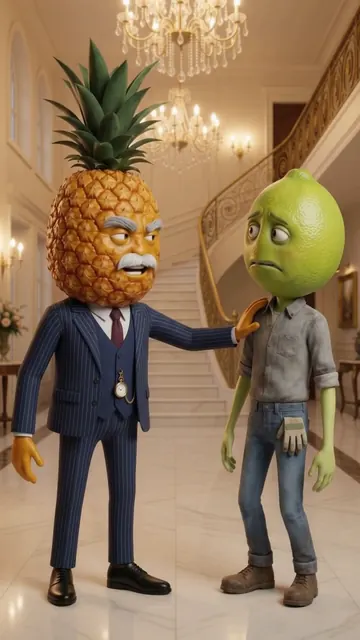 The pineapple father reaches toward his lime son in the mansion’s golden hall.